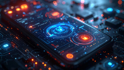 Futuristic Tech in Hand: The intricate details of a glowing smartphone are brought to life, showcasing advanced technology in the palm of one's hand.