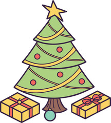 Cartoon Christmas tree with gifts and star decoration