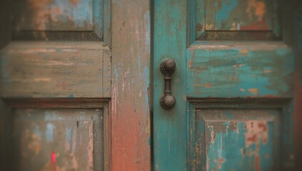 Cinematic depth-of-field on painted wooden doors..