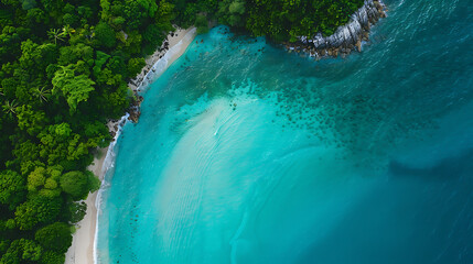 Aerial Drone View of Tropical Beach with Turquoise Water and Lush Green Forest
