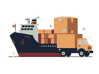 Naklejka premium Cargo Ship and Truck Transferring Cardboard Boxes for Global Logistics on transparent Background Vector Illustration