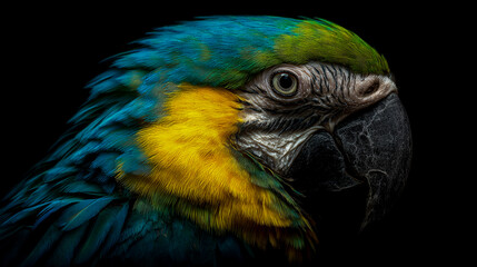 Obraz premium Beautiful, colorful parrot bird with vibrant blue, green, and yellow feathers against a black background