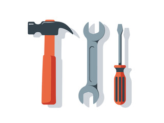 Illustration of Gray Hammer Orange Handle Wrench and Red Screwdriver Isolated on transparent Background