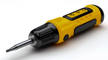 Black and yellow screwdriver printed on it, 3D rendering illustration, on a white background, high-resolution photography
