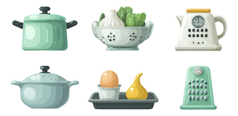 Colorful Kitchen Utensils and Food Collection with Isolated Transparent Background