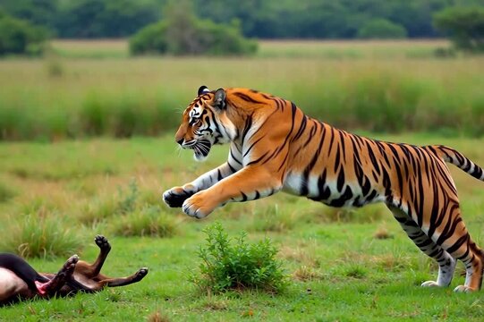 Powerful Bengal tiger leaping through the air in a dramatic mid-air pounce to attack its prey in a grassy field