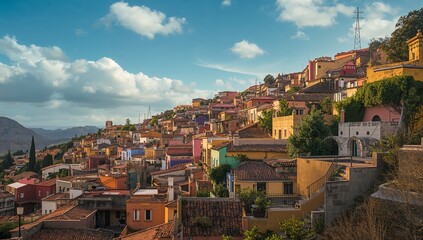 Cinematic wide shot of Guanajuato’s colorful hillside houses.