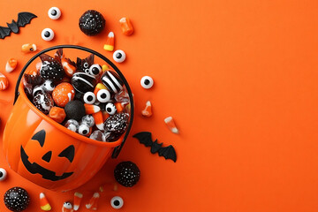 Festive halloween candy arrangement with pumpkin bucket and spooky decorations