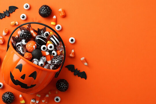 Festive halloween candy arrangement with pumpkin bucket and spooky decorations