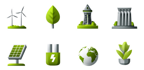 Eco-Friendly Icons Set with Renewable Energy Symbols and Green Elements