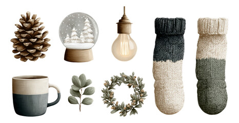 Cozy Winter Objects Including Pinecone, Mug, Socks, and Snow Globe for Seasonal Decor