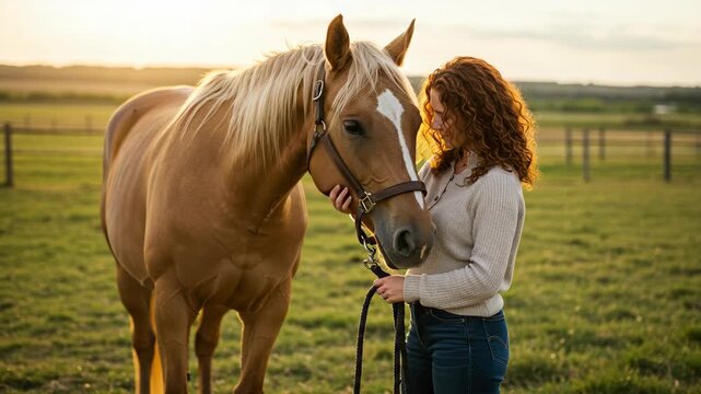 Woman With Curly Hair Standing Next to Palomino Horse in a Green Field During Sunset Wearing a White Sweater and Blue Jeans