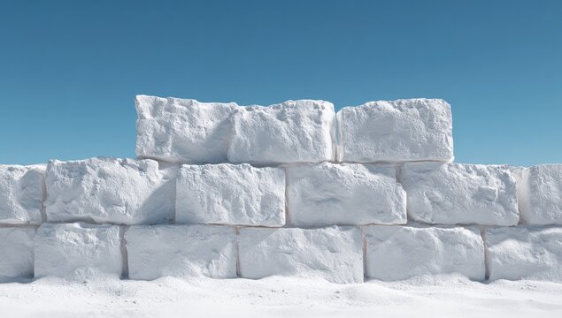 Ice Block Wall Construction Against Clear Blue Sky.
