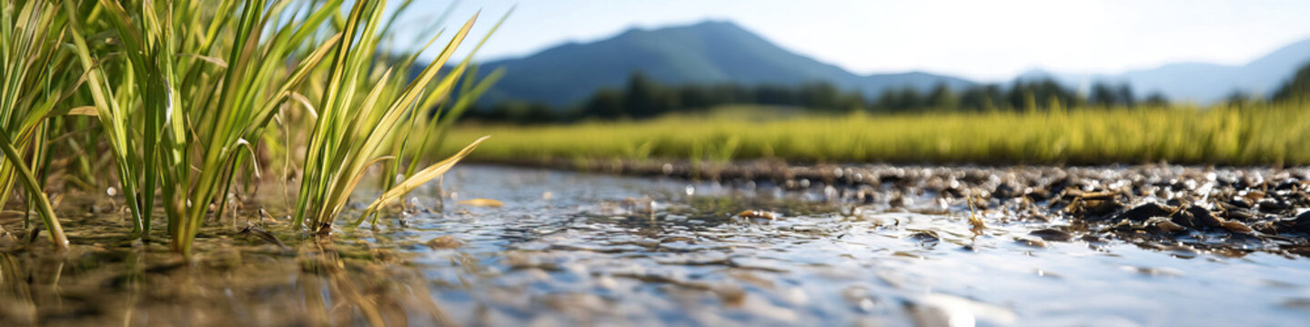 Rice Plants in Irrigation Ditch with Mountain Background