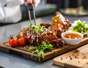 Roasted chicken pieces on a wooden board, garnished with greens and tomatoes, served with sauce. Chef's hand with tongs