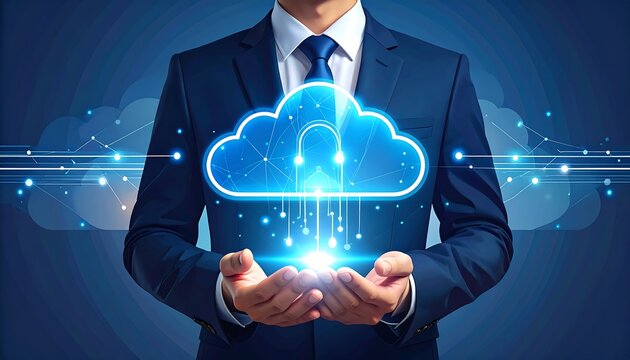 A suited figure holds a glowing cloud icon, representing data storage and security, in a dynamic blue gradient backdrop