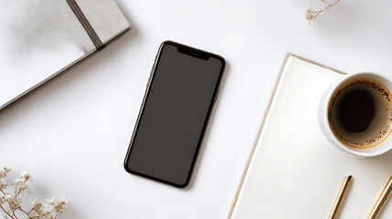 Minimal flat lay workspace with smartphone, coffee, notebook and plant – clean modern background