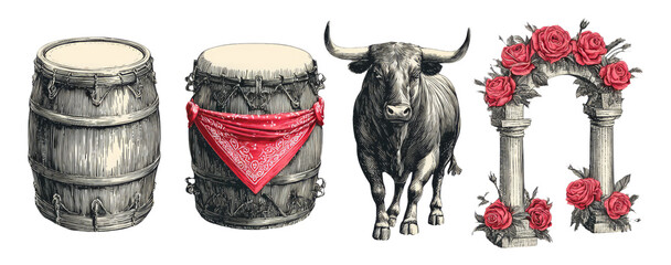 Isolated Bull and Rustic Elements with Red Bandana and Floral Arch on Transparent Background