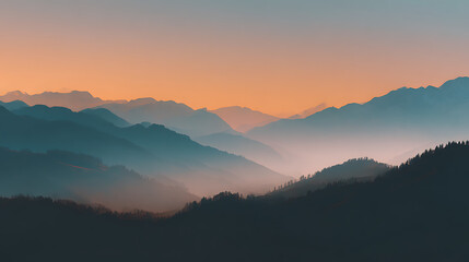 Minimal mountain landscape with fog and sunrise gradient sky – serene nature background