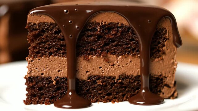 Decadent Chocolate Cake Slice Being Drizzled with Rich Chocolate Ganache for a Heavenly Indulgence perfect for bakery products and dessert culinary