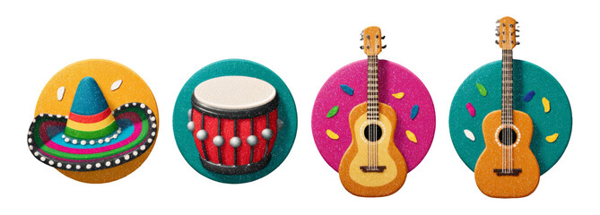 Colorful Mexican Fiesta Icons with Hat, Drum, and Guitars on Isolated Background