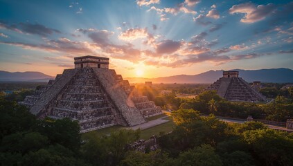 Cinematic wide shot of Teotihuacán pyramids at sunrise
