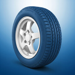 Obraz premium A single car tire with a white rim is presented against a gradient blue background, showcasing its tread pattern.