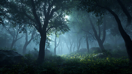 Misty forest at dawn with mysterious light – atmospheric nature landscape background