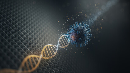 Virus meets DNA: A visually striking medical illustration depicting a virus interacting with a DNA strand, offering a thought-provoking glimpse into the realm of science and biology. 