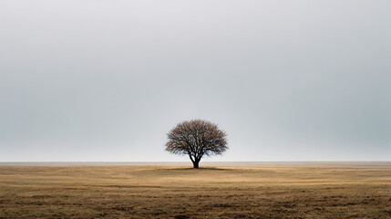 Minimal lone tree in open green field under blue sky, nature landscape background