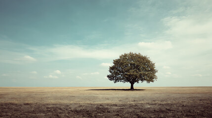 Minimal lone tree in open green field under blue sky, nature landscape background