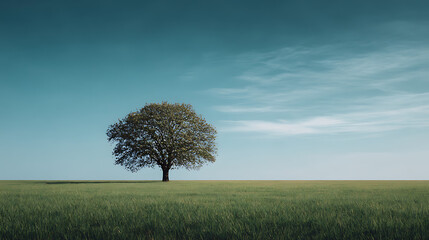 Minimal lone tree in open green field under blue sky, nature landscape background