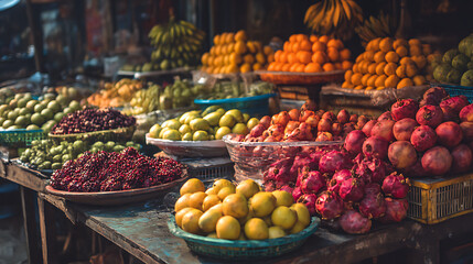 Colorful fresh fruits at local street market, tropical fruit display for healthy lifestyle