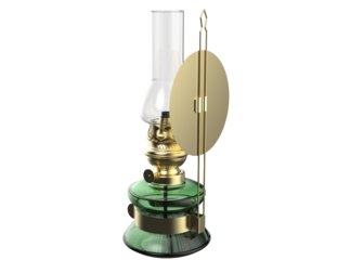 Detailed 3D rendering of an antique green glass oil lamp with brass accents and clear chimney, perfect for vintage home decor projects. Isolated PNG transparent background, high resolution HD.