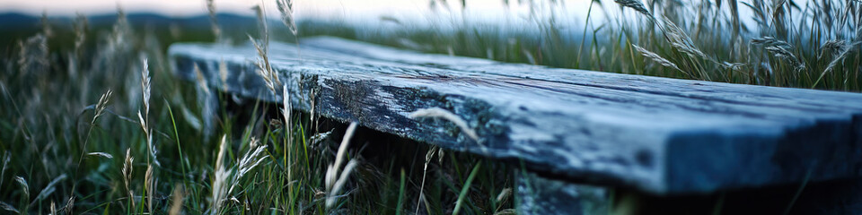 Weathered Wooden Bench in Grassy Field