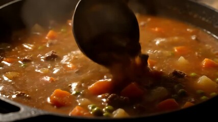 Stew Preparation: Close-Up of Ladle Stirring Ground Beef, Carrot and Potato Stew in a Cast Iron Pot Showing the Culinary Preparation and Kitchen Scene - Powered by Adobe