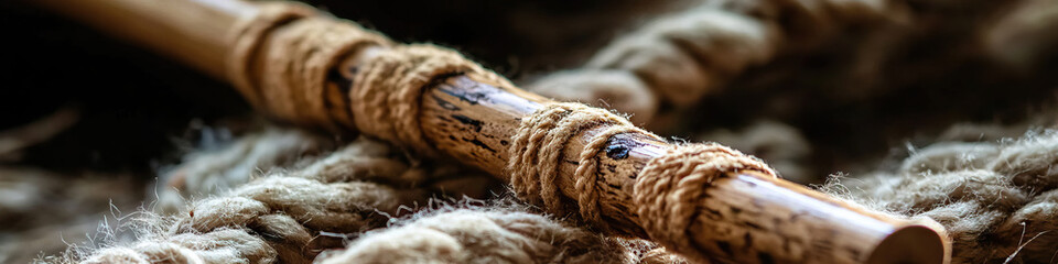 Wooden Dowel Wrapped with Jute Rope on Jute Fiber Background