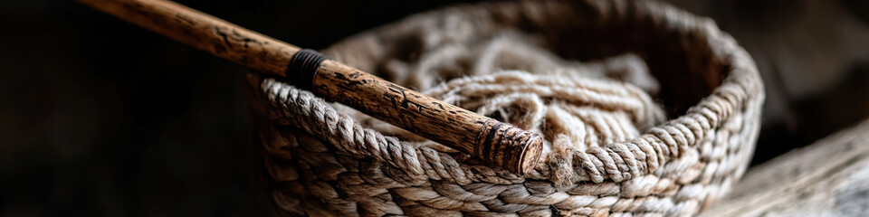 Wooden Spindle and Beige Rope in Woven Basket