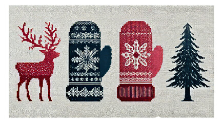 Festive Winter Mittens with Reindeer and Tree Pattern on Light Background