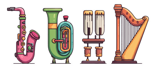 Colorful Cartoon Musical Instruments Collection with Isolated Design Elements