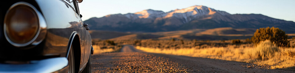 Classic Car on Gravel Road with Mountain Background