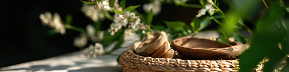 Wooden Bowls, Rings, and Basket with Flowers and Foliage