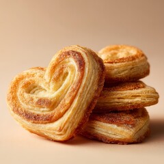 Fototapeta premium Delicious heart-shaped palmier pastries with golden crust