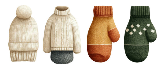 Cozy Winter Apparel Collection with Knitted Mittens and Sweaters on Transparent Background