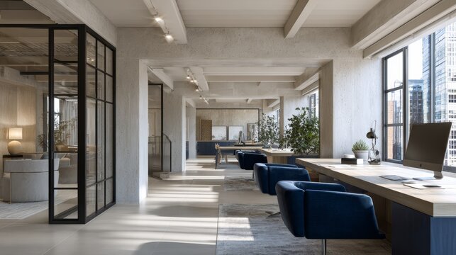 Modern office space with large windows and comfortable seating