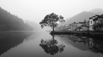 A serene tree by the calm lake with traditional buildings in the background