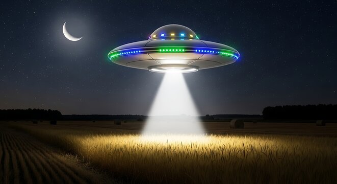 Illuminated flying saucer hovering over a harvested field at night with a crescent moon in the sky alien