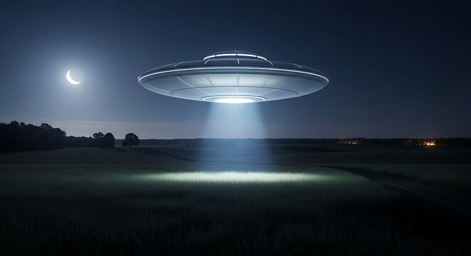 Silver UFO with Light Beam Shining Down on a Dark Rural Field Under Crescent Moon flying saucer alien