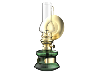 Detailed 3D rendering of an antique green glass oil lamp with brass accents and clear chimney, perfect for vintage home decor projects. Isolated PNG transparent background, high resolution HD.