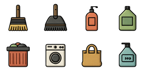 Iconic Cleaning Supplies and Tools Collection on Transparent Background